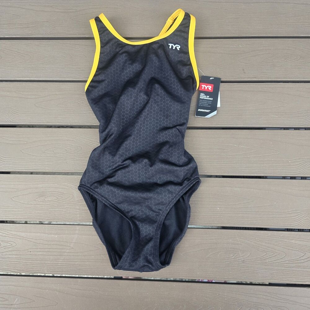 TYR Youth Girl's Durafast Elite Hexa Black/gold Maxfit One Piece Swim SZ 26 New